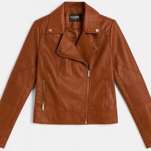 GUESS Cognac Faux Leather Moto Jacket – Women’s Large
